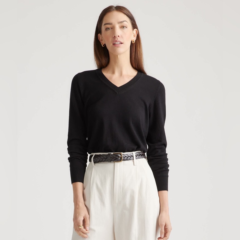 Quince Lightweight Cotton Cashmere V-Neck Sweater NEW Black